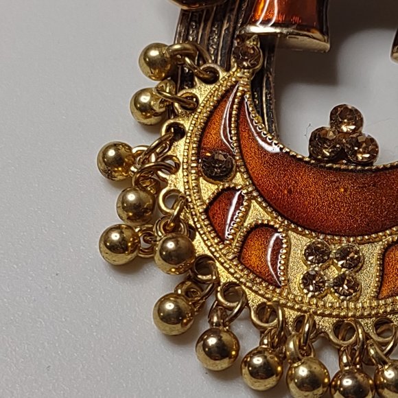 Gold Tone And Orange Dangling Bead Lucky Elephant Brooch - Picture 5 of 16